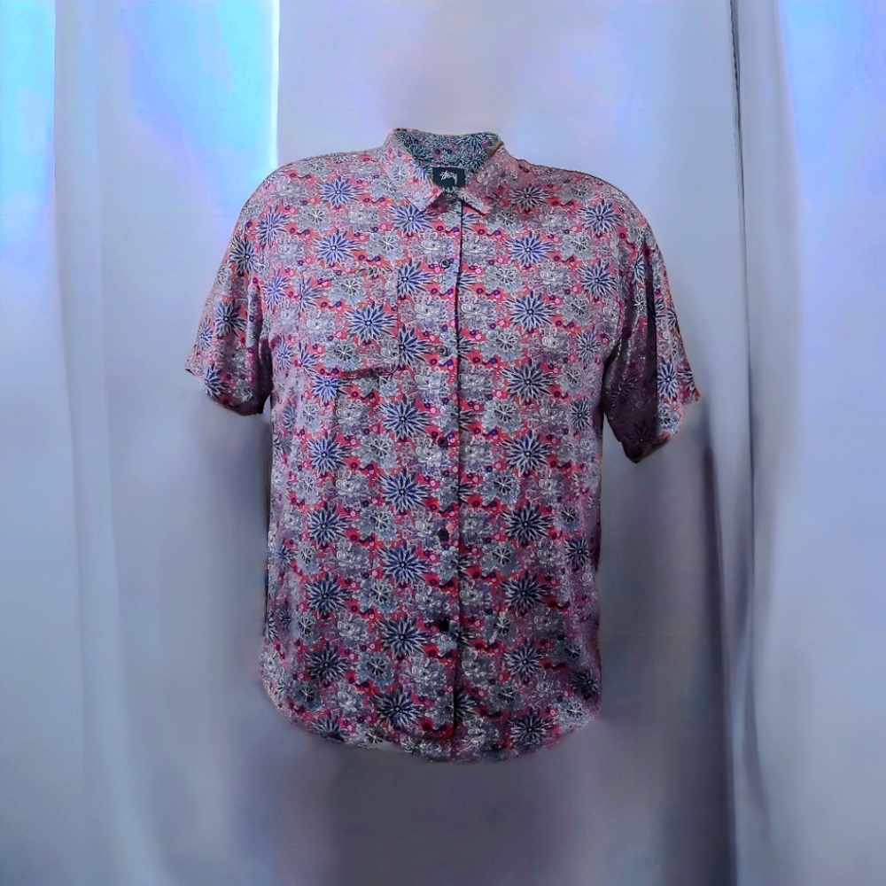 STUSSY Floral Print red button down shirt
